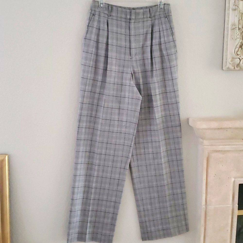 Ellen Tracy silk/wool grey plaid high waist, Sz 6